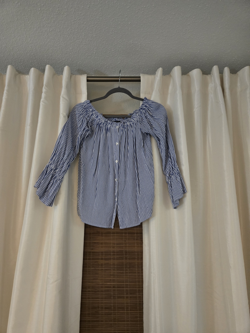 Timing Blue & White Striped Off-Shoulder Button-Up Blouse
